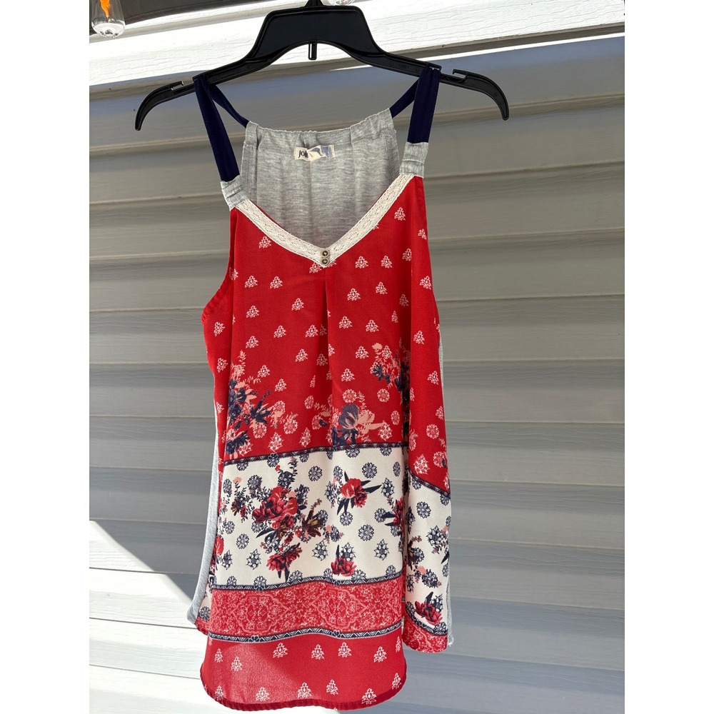 Jolt Womens Mixed Media Floral Tank Top Grey Lace Trim Size M Red White Blue